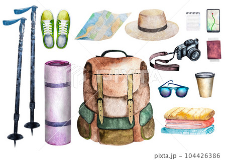 Watercolor illustration collection of elements for travel, tourism, hike. Backpack, walking sticks, sneakers, documents Watercolor illustration collection of elements for travel, tourism, hike. Backpack, walking sticks, sneakers, documents 104426386