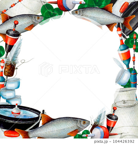 Watercolor drawing square frame from various fishing bobblers, fish, buckets, clover leaves, fishing nets, fishing line, bait cans. White background round in the middle. Angling gear for cards, logo Watercolor drawing square frame from various fishing bobblers, fish, buckets, clover leaves, fishing nets, fishing line, bait cans. White background round in the middle. Angling gear for cards, logo 104426392