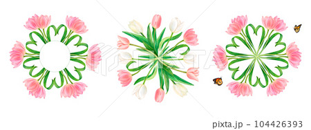 Watercolour drawn set of round bouquets from beautiful pink and white tulip flowers with heart-shaped leaves on white background. Perfect drawing for stickers, logo, textile prints, invitations, cards Watercolour drawn set of round bouquets from beautiful pink and white tulip flowers with heart-shaped leaves on white background. Perfect drawing for stickers, logo, textile prints, invitations, cards 104426393