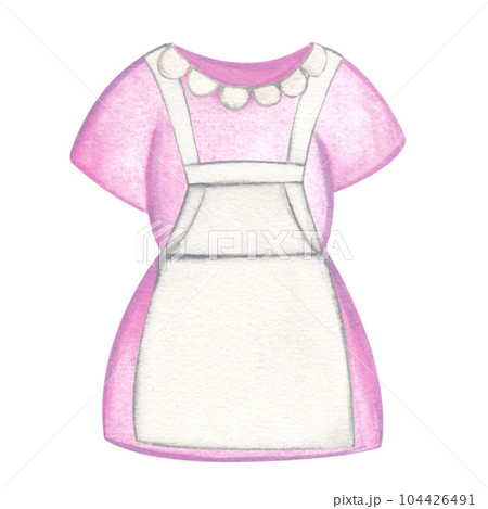 Laundry illustration. Pink dress with beige apron and collar. Watercolor on a white background. Hand drawn. For postcards 104426491