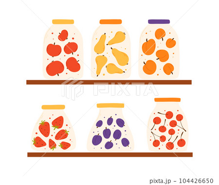 A set of jars with homemade jam. Vector illustration in a flat style. Hand drawn homemade fruit marmalade. 104426650