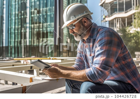 建設現場でタブレット端末を確認する現場監督 建設現場でタブレット端末を確認する現場監督 104426728