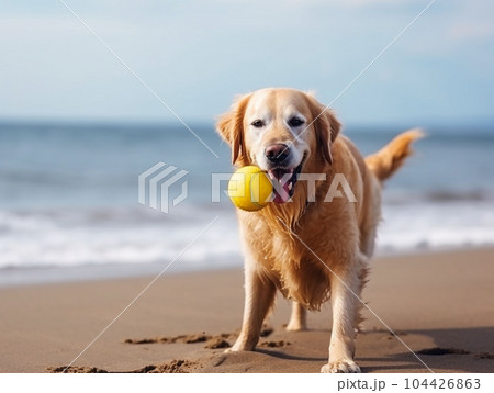il cane sta giocando con il pallone in riva al mare 104426863