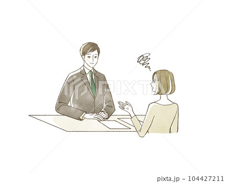 スーツ姿の男性に相談をしている女性 104427211