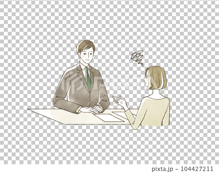 スーツ姿の男性に相談をしている女性 104427211