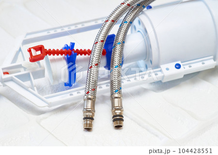 Plumbing. Flexible metal steel faucet hoses, flush mechanism, siphon fittings 104428551
