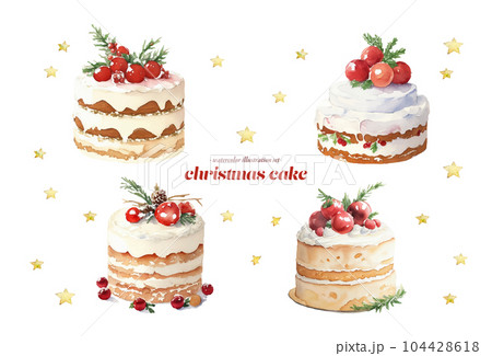 いろいろなクリスマスケーキの水彩イラストセット Generative AI 104428618