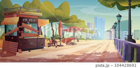 Abandoned outdoor street cafe on city square park 104428691