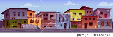 Poor ghetto city street district with slum house 104428731