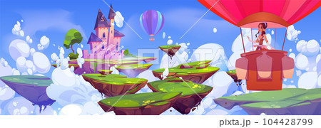 Princess on balloon flying to magic castle cartoon 104428799