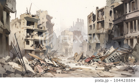 戦争で破壊された街の水彩イラスト「AI生成画像」 104428884
