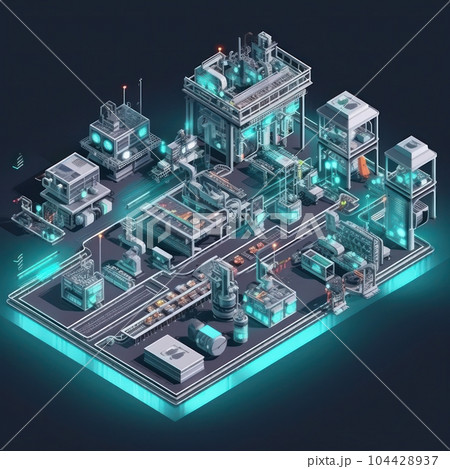 3D project of futuristic workshop with automated assembly lines. Complete replacement of manual labor by mechanisms and robots. Industrial technology and smart futuristic factory concept. 3D rendering 3D project of futuristic workshop with automated assembly lines. Complete replacement of manual labor by mechanisms and robots. Industrial technology and smart futuristic factory concept. 3D rendering 104428937