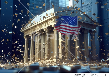 The American bank building collapsing. Bankruptcy of a financial institution. Bricks crumbling, stocks and bonds flying apart, american flag down. Economic crisis. Mockup, 3D rendering. 104429081