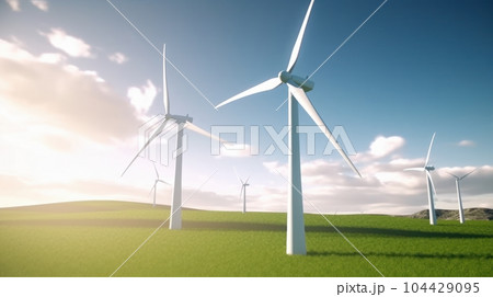 Wind turbines on the green field against the blue sky. Production of renewable green energy. Sustainable development concept. Mock up, 3D rendering. 104429095