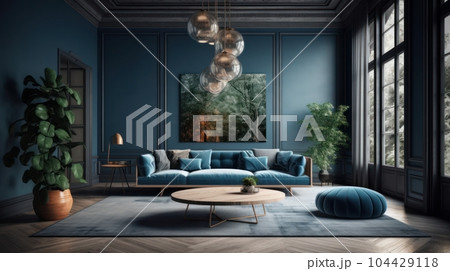 Cozy living room in blue and gray tones. Stylish sofa and ottoman, round coffee table, carpet on wooden floor, plants in pots, poster on the wall, panoramic windows with garden view. 3D rendering. 104429118