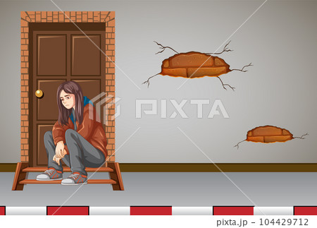 Female youth with sad face sitting in front of house doorstep 104429712