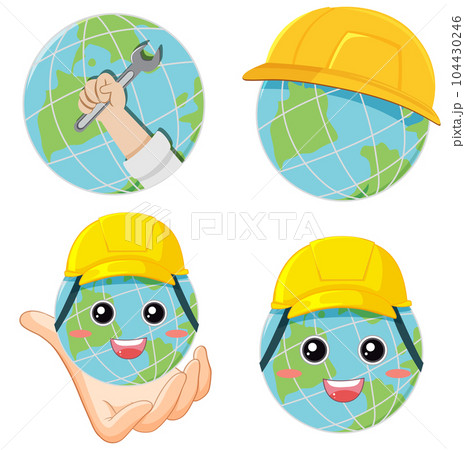 Cartoon earth globes wearing hard hat Cartoon earth globes wearing hard hat 104430246