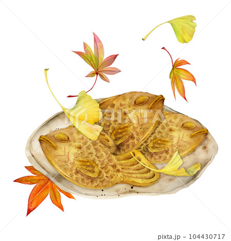 Watercolor hand drawn traditional Japanese sweets. Ceramic dish, taiyaki, autumn ginkgo leaves. Isolated on white background. Design for invitations, restaurant menu, greeting cards, print, textile 104430717