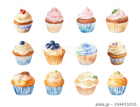 いろいろなカップケーキの水彩イラストセット Generative AI いろいろなカップケーキの水彩イラストセット Generative AI 104431010