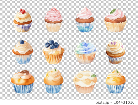 いろいろなカップケーキの水彩イラストセット Generative AI いろいろなカップケーキの水彩イラストセット Generative AI 104431010