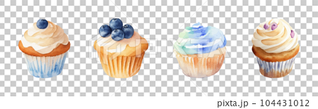 青や紫のカップケーキの水彩イラストセット　Generative AI 104431012