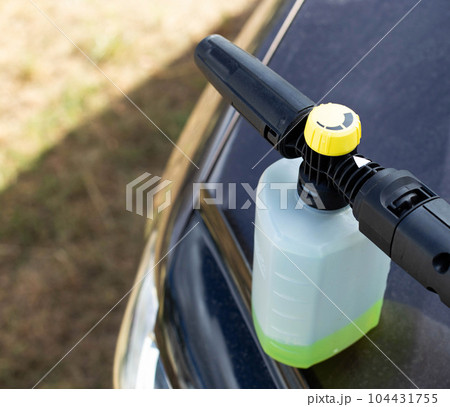 High pressure washer with foam nozzle for cleaning the car with foam. Modern concentrated shampoo. 104431755