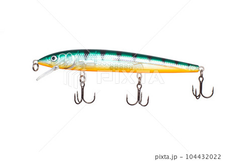Green-orange baubles for catching fish on a white background, isolate. Close-up 104432022