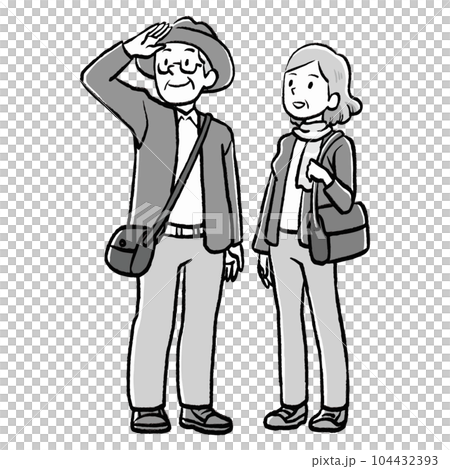 上を見上げるシニアの男女の手書き風モノクロイラスト 104432393