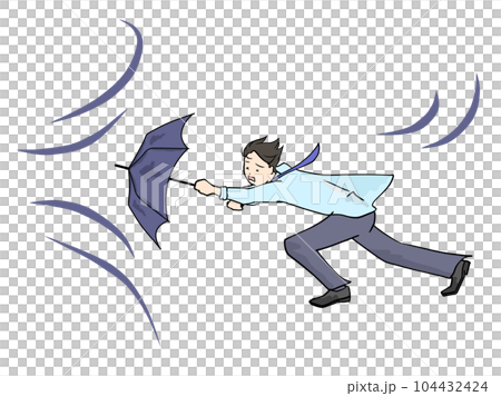 強風の中傘を差し苦戦するビジネスマン男性のイラスト 104432424
