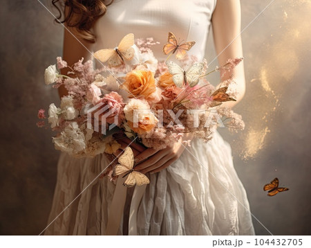 Close up photo of woman hands holding an elegant bridal bouquet with real flowers and decorated with silk butterflies. Generative AI Close up photo of woman hands holding an elegant bridal bouquet with real flowers and decorated with silk butterflies. Generative AI 104432705