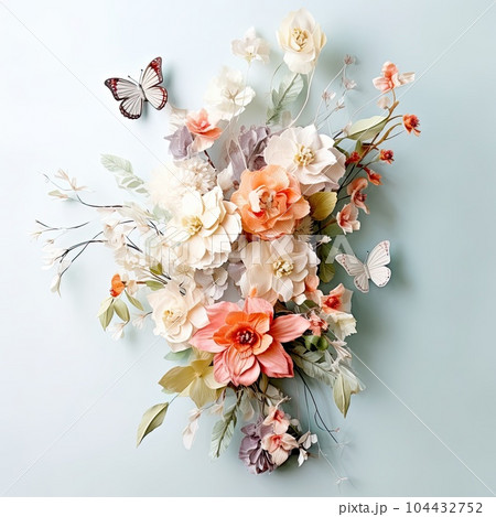 Closeup photo of whimsical loose modern bridal bouquet with real flowers and silk butterflies with a rustic silk ribbon. Generative AI Closeup photo of whimsical loose modern bridal bouquet with real flowers and silk butterflies with a rustic silk ribbon. Generative AI 104432752
