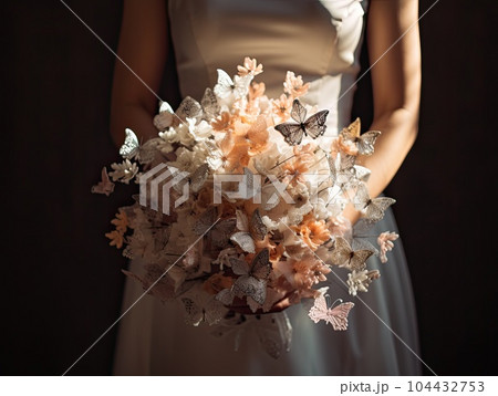 Close up photo of woman hands holding an elegant bridal bouquet with real flowers and decorated with silk butterflies. Generative AI Close up photo of woman hands holding an elegant bridal bouquet with real flowers and decorated with silk butterflies. Generative AI 104432753