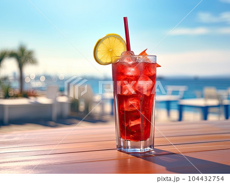 Red iced tasty cape cod sea breeze cocktail mocktail on bar deck with seashore view in the background. Generative AI Red iced tasty cape cod sea breeze cocktail mocktail on bar deck with seashore view in the background. Generative AI 104432754