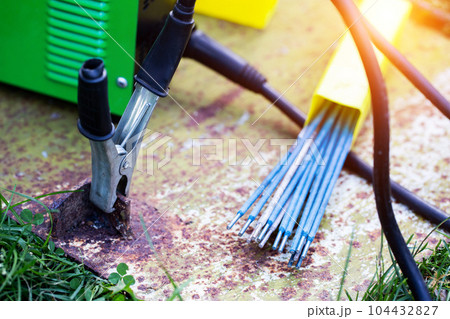 Manual welding machine and a set of electrodes for seam contact welding. Safety precautions during welding, industry 104432827