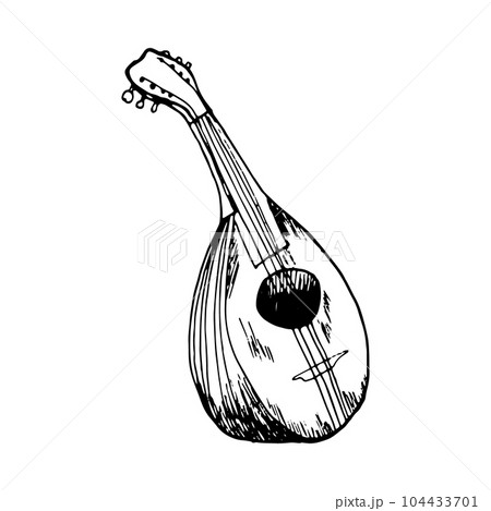 Mandoline classical musical instrument vector illustration isolated. Symphony orchestra stringed instrument silhouette ink hand drawn. Black white element for design postcard, brochure, invitation 104433701
