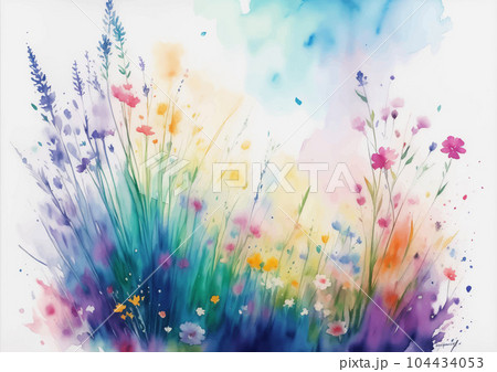 Watercolor Meadow with Colorful Flower Illustration. Summer Flower Field with Paint Splash on Light Background. Vintage Aquarelle Wallpaper Design for Banner, Poster, Invitation or Greeting Card. Watercolor Meadow with Colorful Flower Illustration. Summer Flower Field with Paint Splash on Light Background. Vintage Aquarelle Wallpaper Design for Banner, Poster, Invitation or Greeting Card. 104434053