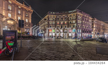 Panorama showing the Cordusio Square night timelapse in Milan Panorama showing the Cordusio Square night timelapse in Milan 104434264