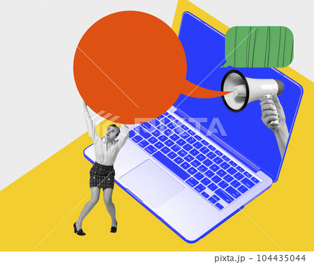 Young woman, employee and boss notifications. Communication via laptop, online remote work. Contemporary art collage. 104435044