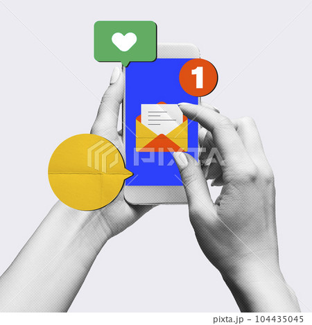 One unread message, notification. Female hand with mobile phone. Social media blogging. Contemporary art collage. One unread message, notification. Female hand with mobile phone. Social media blogging. Contemporary art collage. 104435045