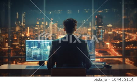 Back view of businessman looking at abstract network hologram on city background. Businessman watching futuristic hologram on laptop screen against night city. Future and technology concept Back view of businessman looking at abstract network hologram on city background. Businessman watching futuristic hologram on laptop screen against night city. Future and technology concept 104435114
