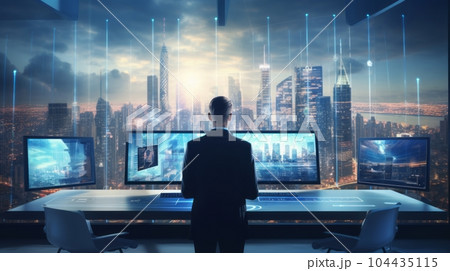 Back view of businessman looking at abstract network hologram on city background. Businessman watching futuristic hologram on laptop screen against night city. Future and technology concept Back view of businessman looking at abstract network hologram on city background. Businessman watching futuristic hologram on laptop screen against night city. Future and technology concept 104435115
