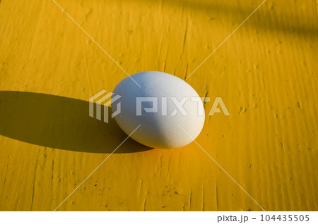 White egg on yellow table outdoors White egg on yellow table outdoors 104435505