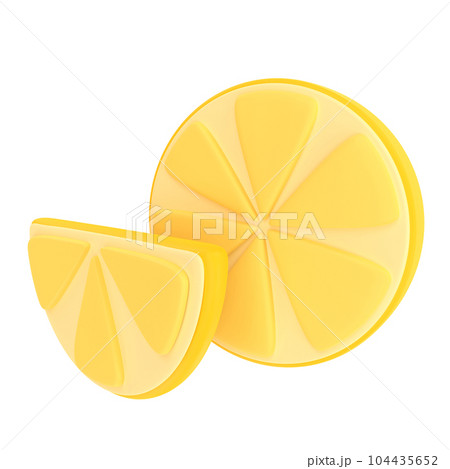 Pieces of yellow sour lemon on transparent background in plastic style. Stylized illustration. PNG. 3D rendering. Pieces of yellow sour lemon on transparent background in plastic style. Stylized illustration. PNG. 3D rendering. 104435652