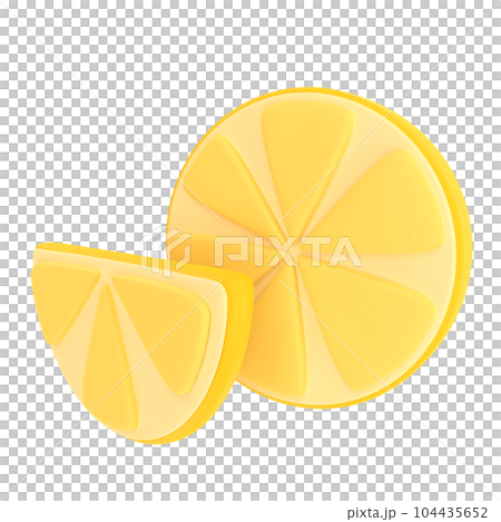 Pieces of yellow sour lemon on transparent background in plastic style. Stylized illustration. PNG. 3D rendering. Pieces of yellow sour lemon on transparent background in plastic style. Stylized illustration. PNG. 3D rendering. 104435652