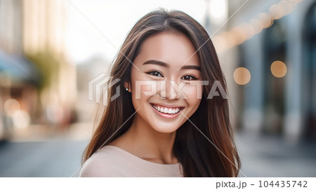Happy young Asian girl standing on the street, a smiling woman outdoors. Closeup portrait of a cheerful young female Asian adult on a street. Girl outside on a bright and warm summer day. 104435742