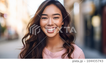 Happy young Asian girl standing on the street, a smiling woman outdoors. Closeup portrait of a cheerful young female Asian adult on a street. Girl outside on a bright and warm summer day. 104435743