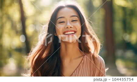 Happy young Asian girl standing in the woods, a smiling woman outdoors. Closeup portrait of a cheerful young female Asian adult in wild nature. Girl outside on a bright and warm summer day. 104435754