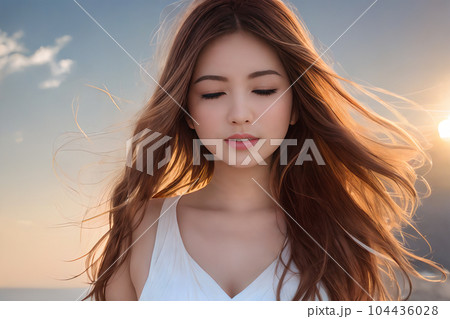 AI生成画像／風を受ける女性　7 104436028