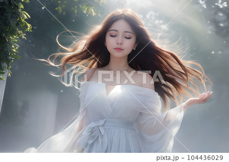 AI生成画像／風を受ける女性　8 104436029