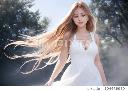 AI生成画像／風を受ける女性　9 104436030
